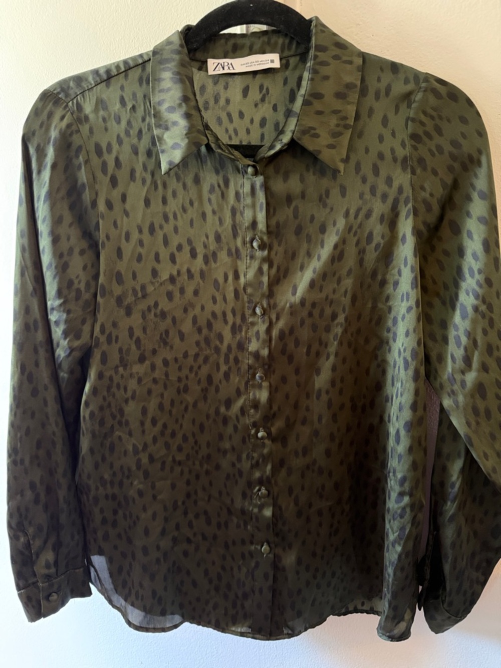 ZARA Olive Green Leopard-Spot Satin Button Blouse